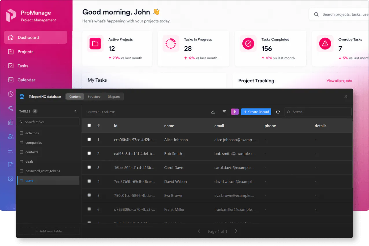 Project management platform database list example screenshot